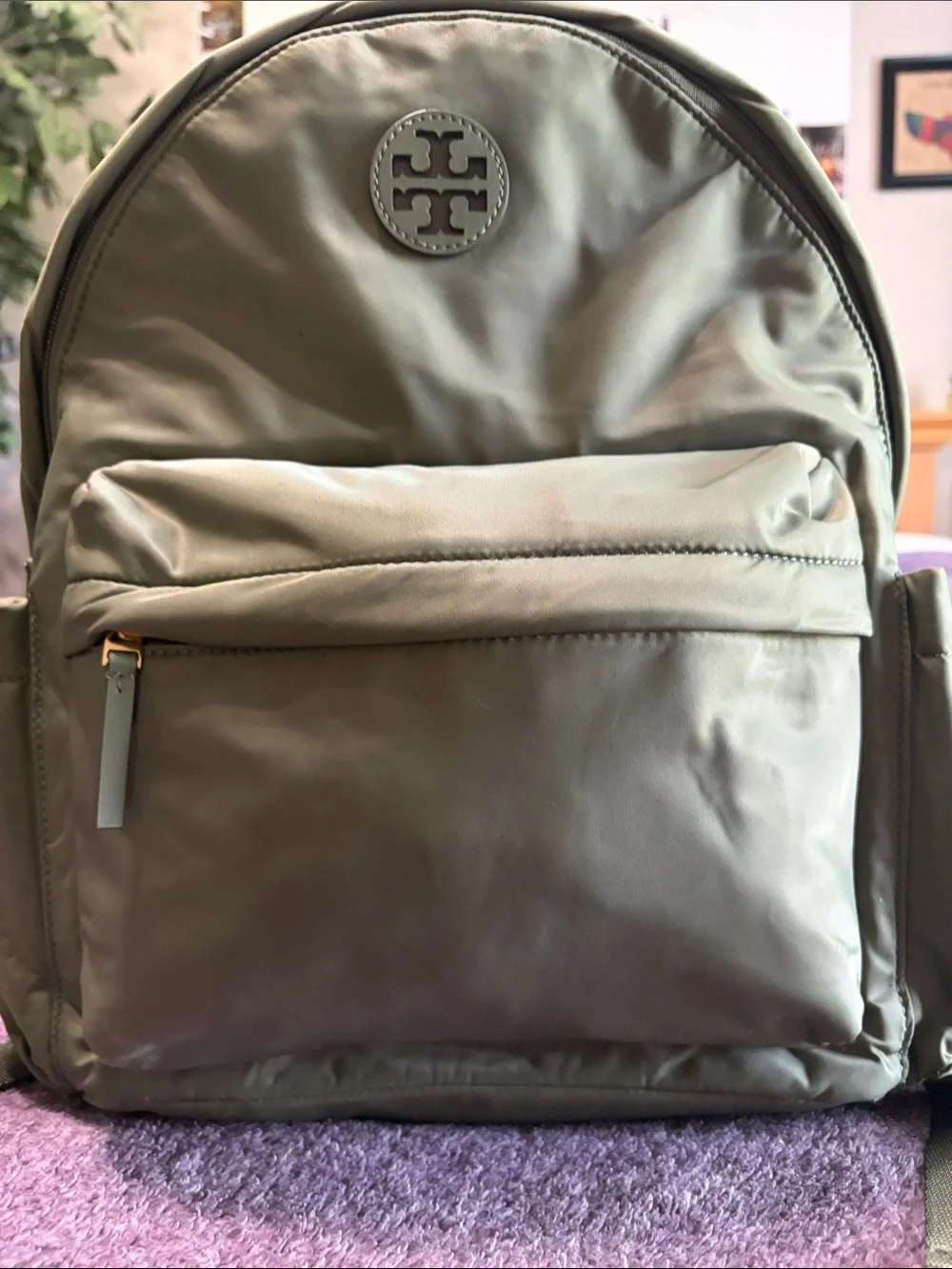Tory Burch Sage Green Nylon Backpack with Logo Medallion